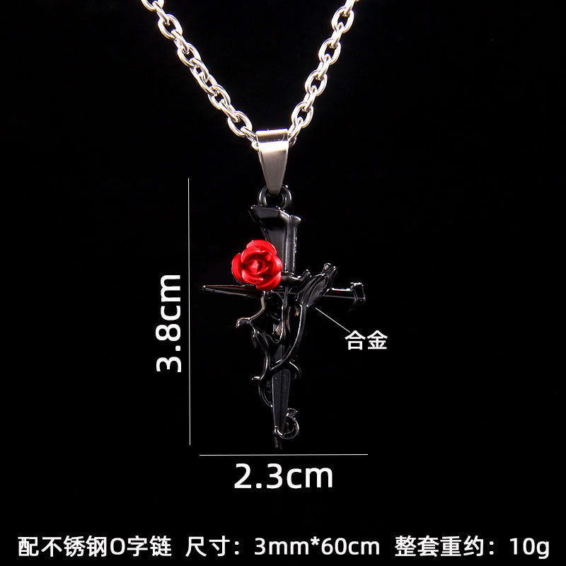Wholesale gothic red rose cross vintage stainless steel necklace